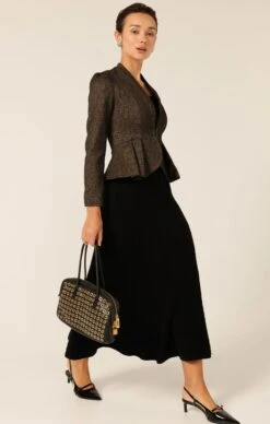 VICTOR PEPLUM JACKET 16 VICTOR PEPLUM JACKET -Clothing Discounts Shop LR VICTORPEPLUMJACKETINBLACKBRONZEWITHCHEVRONKNITFLAREDSKIRTINBLACK34 MIASKW25