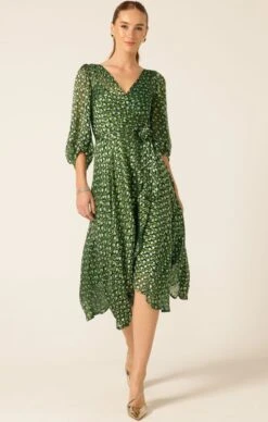 WONDERLAND MIDI WRAP DRESS IN EMERALD POPPY