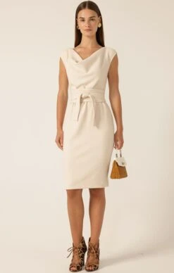 CHECKER COWL DRESS IN OATMEAL
