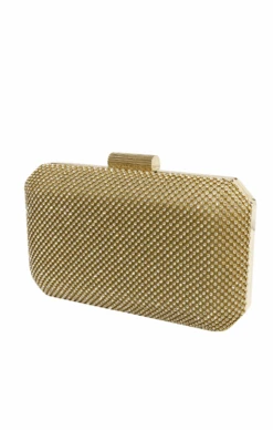 DIAMANTE MESH STRUCTURED CLUTCH BAG IN GOLD