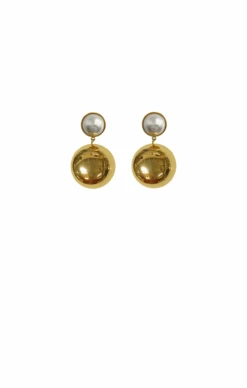 FAUX PEARL DISC DROP EARRINGS IN GOLD