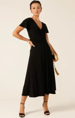 FLUTE SLEEVE REVERSE WRAP IN BLACK -Clothing Discounts Shop flute sleeve reverse wrap in black dresses 1155911857 MIASKW25