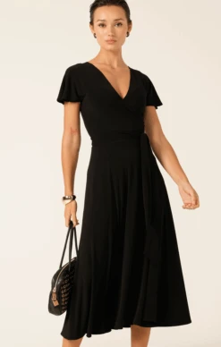 FLUTE SLEEVE REVERSE WRAP IN BLACK -Clothing Discounts Shop flute sleeve reverse wrap in black dresses 45006862647545 MIASKW25