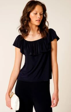 OFF SHOULDER FRILL TOP IN NAVY 10 OFF SHOULDER FRILL TOP IN NAVY -Clothing Discounts Shop off shoulder frill top in navy tops multi occasion 44700839772409