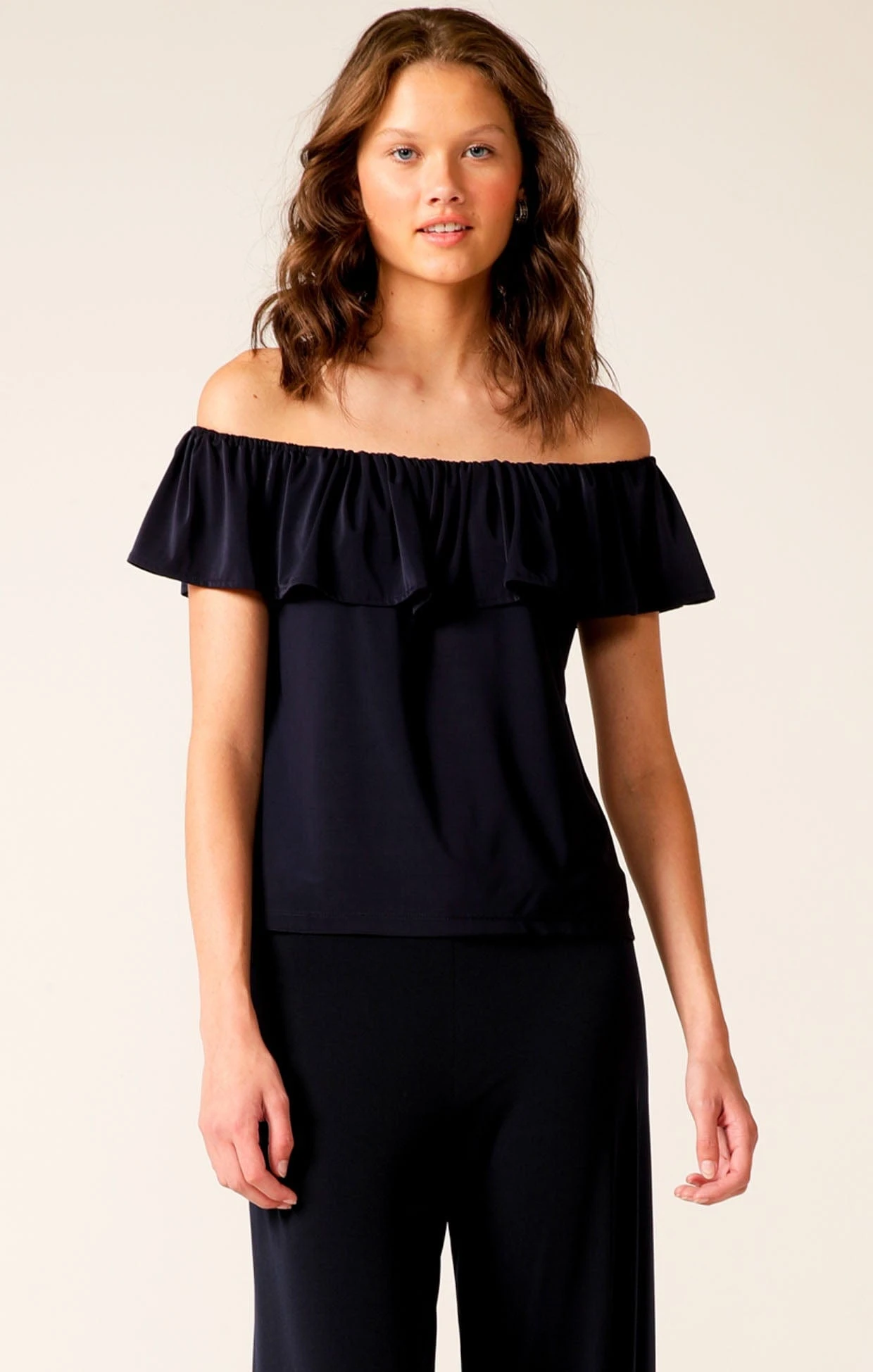 OFF SHOULDER FRILL TOP IN NAVY 3 OFF SHOULDER FRILL TOP IN NAVY