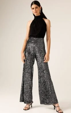 SEQUIN PALAZZO PANT IN BLACK SILVER