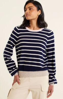 CASHMERE BLEND STRIPE KNIT IN NAVY